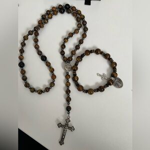 St. Benedict Brown Beaded Rosary and Bracelet Set